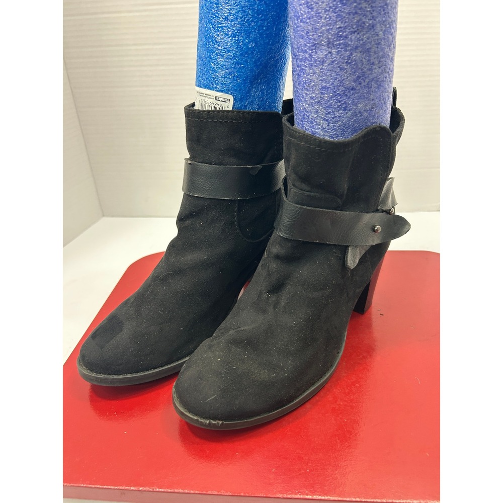 Old Navy Faux Suede Ankle Boots 9 Black Strap Stacked Heel Moto Western Indie